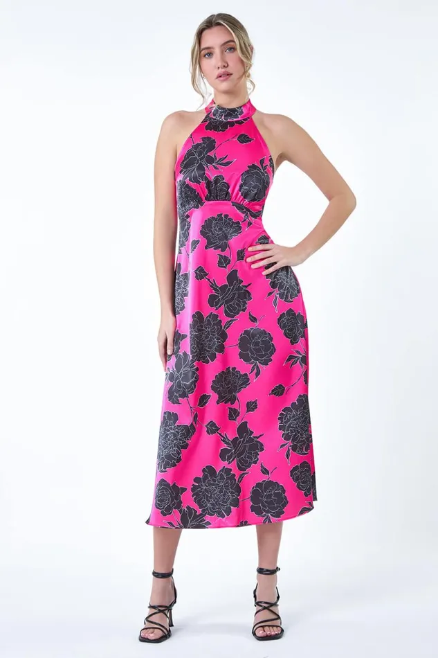 Cerise Floral Satin Look Halterneck Midi Dress Women Roman Dresses