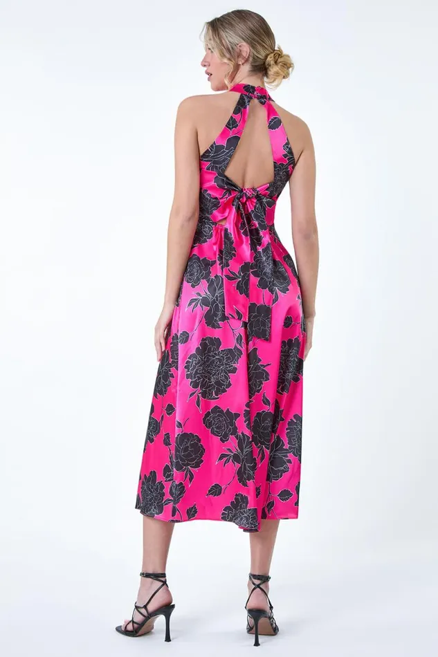 Cerise Floral Satin Look Halterneck Midi Dress Women Roman Dresses