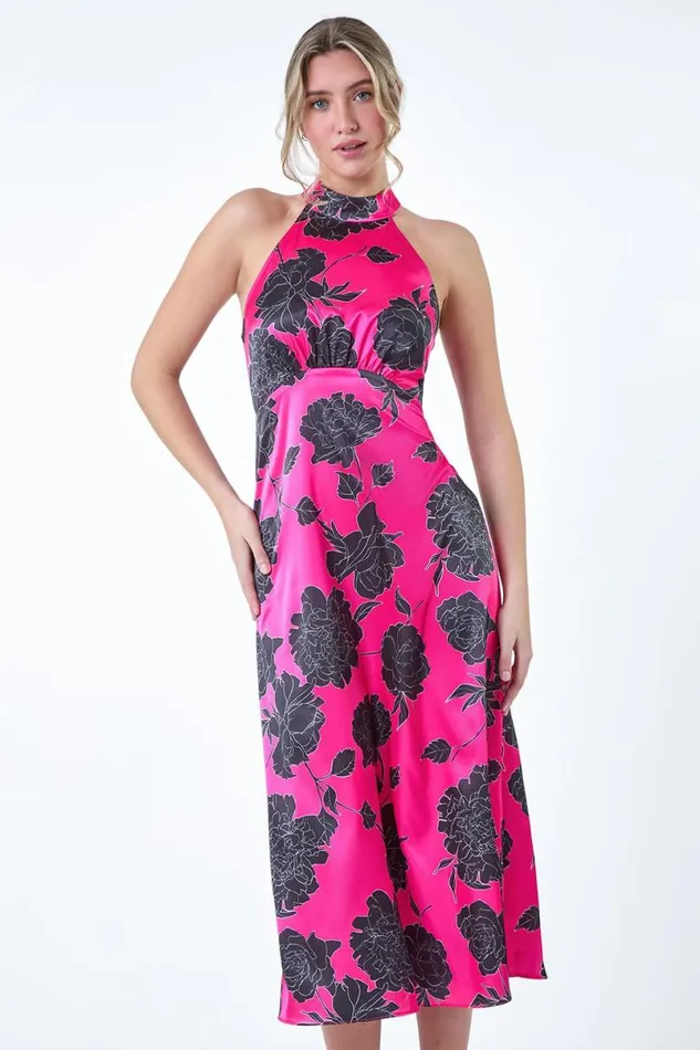 Cerise Floral Satin Look Halterneck Midi Dress Women Roman Dresses