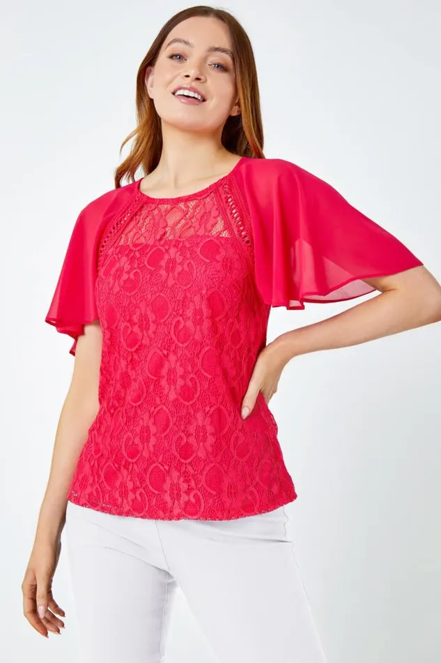 Cerise Lace Chiffon Sleeve Shell Top Women Roman Tops