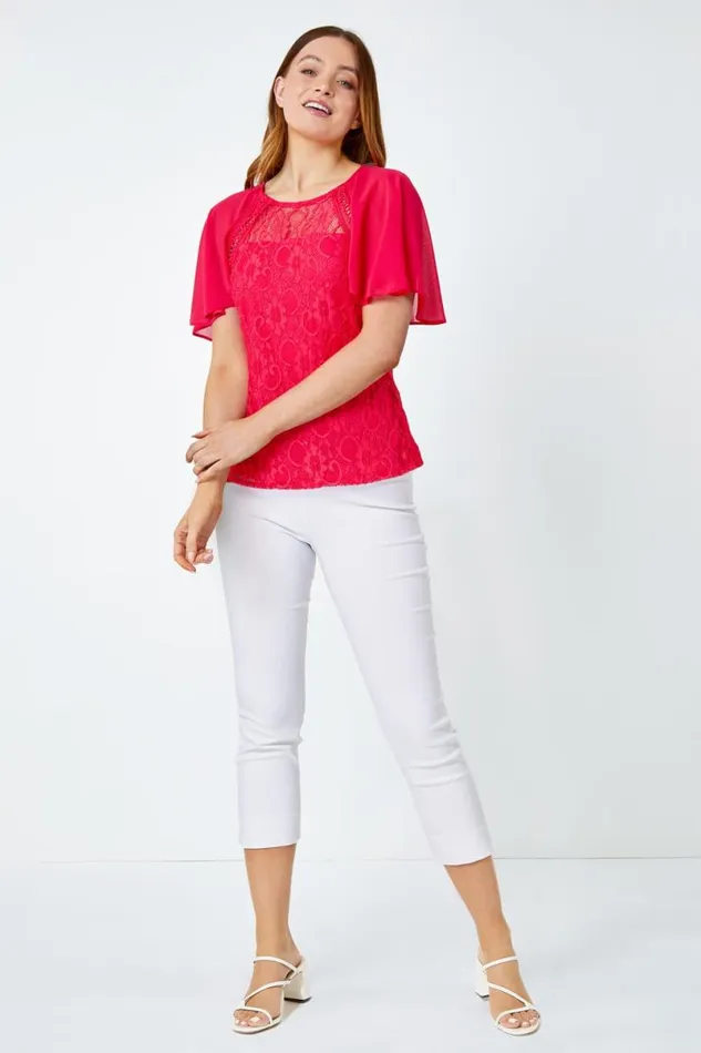 Cerise Lace Chiffon Sleeve Shell Top Women Roman Tops