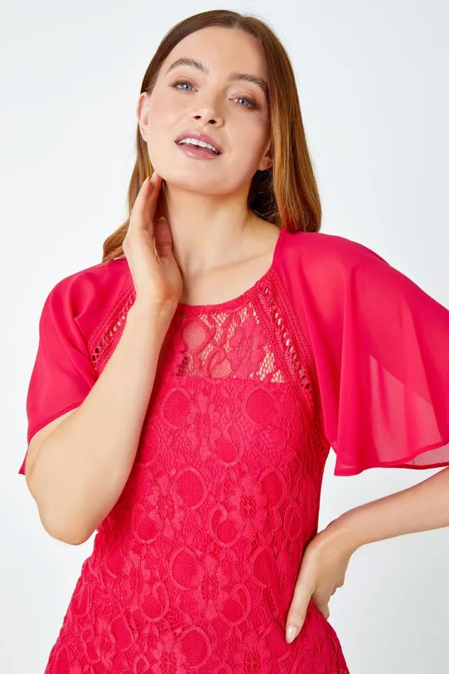 Cerise Lace Chiffon Sleeve Shell Top Women Roman Tops