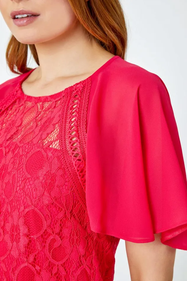 Cerise Lace Chiffon Sleeve Shell Top Women Roman Tops