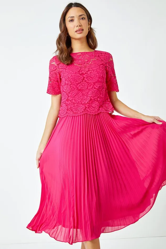 Cerise Lace Top Overlay Pleated Midi Dress Women Roman Dresses