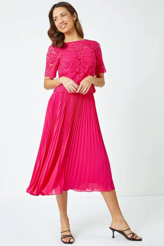 Cerise Lace Top Overlay Pleated Midi Dress Women Roman Dresses