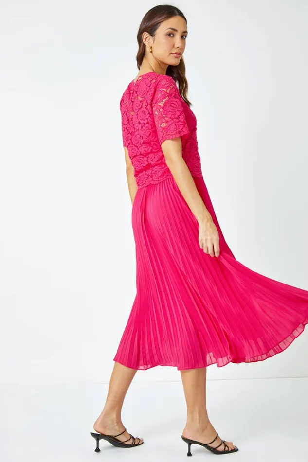 Cerise Lace Top Overlay Pleated Midi Dress Women Roman Dresses
