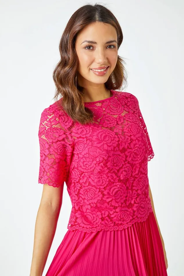 Cerise Lace Top Overlay Pleated Midi Dress Women Roman Dresses