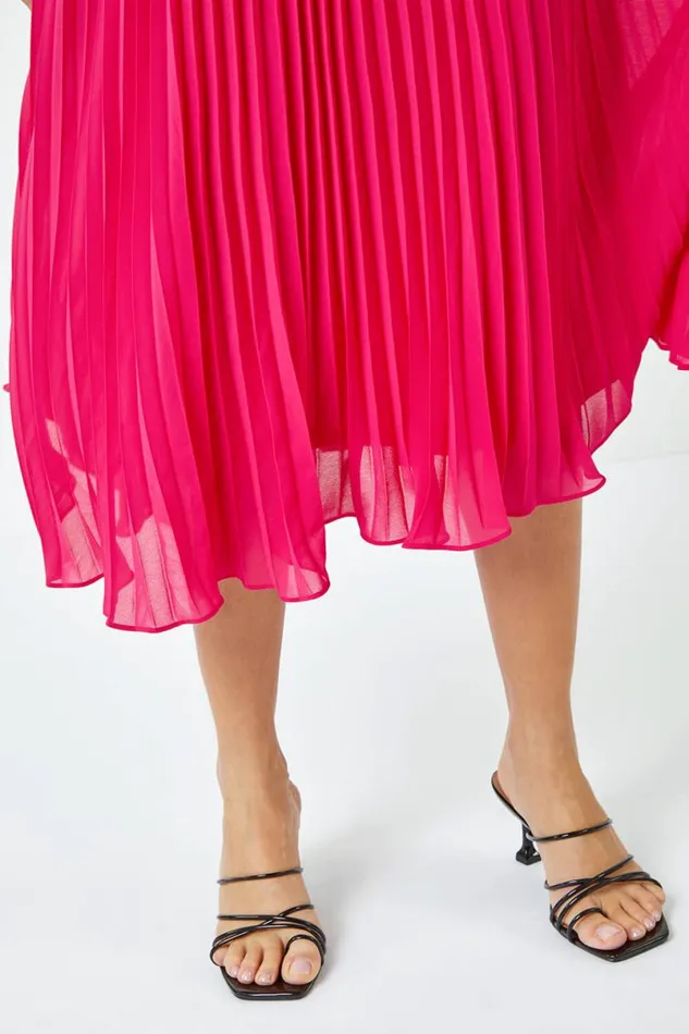 Cerise Lace Top Overlay Pleated Midi Dress Women Roman Dresses
