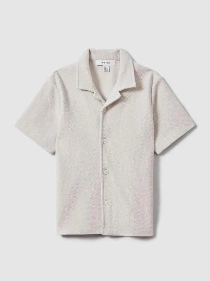 Children Reiss CoOrds Gerrard Textured Cotton Cuban Collar Shirt Silver