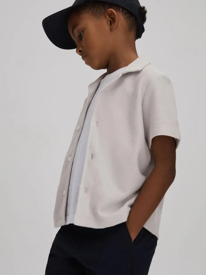 Children Reiss CoOrds Gerrard Textured Cotton Cuban Collar Shirt Silver