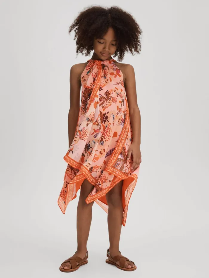 Children Reiss Dresses Akari Printed Draped Halter Neck Dress Pink Print