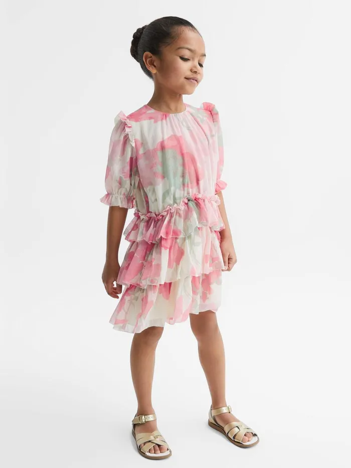 Children Reiss Dresses Henrietta Printed Tiered Dress Pink Print