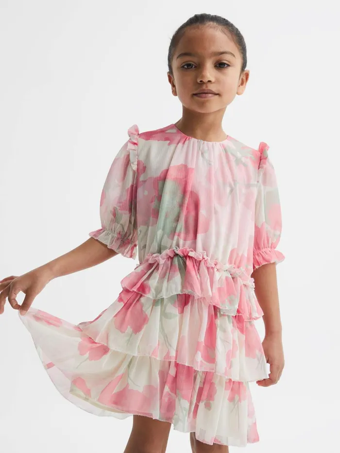 Children Reiss Dresses Henrietta Printed Tiered Dress Pink Print