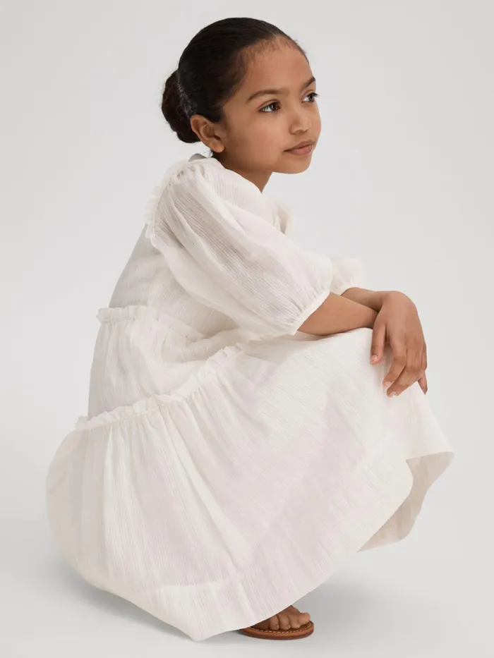 Children Reiss Dresses Tash Tiered Linen Blend Puff Sleeve Dress Ivory
