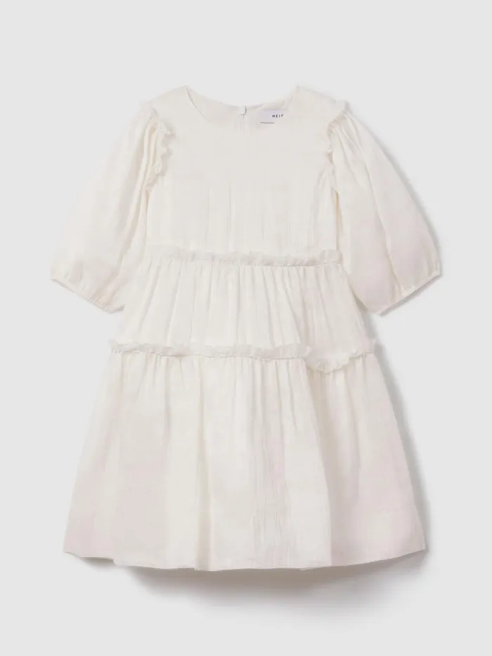 Children Reiss Dresses Tash Tiered Linen Blend Puff Sleeve Dress Ivory