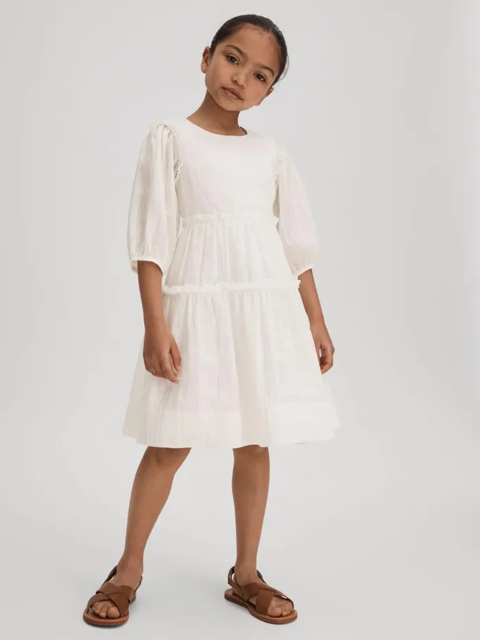 Children Reiss Dresses Tash Tiered Linen Blend Puff Sleeve Dress Ivory