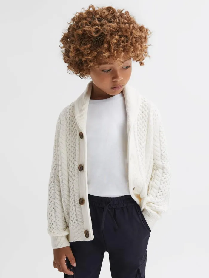 Children Reiss Knitwear Ashbury Cable Knitted Cardigan Ecru