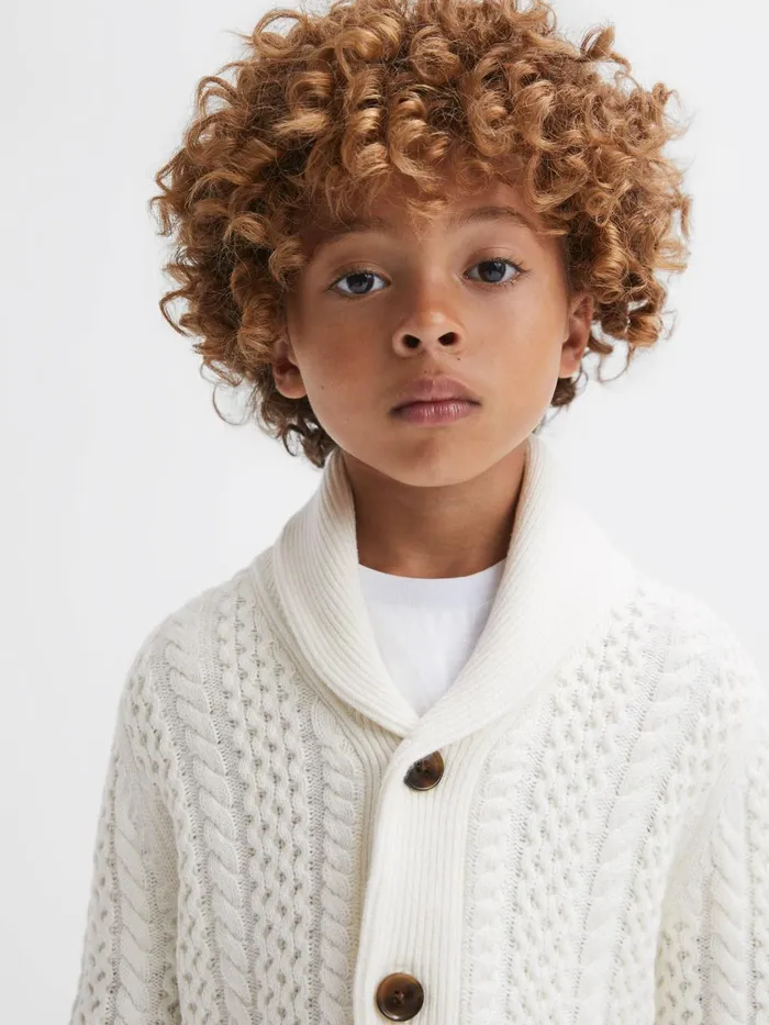 Children Reiss Knitwear Ashbury Cable Knitted Cardigan Ecru