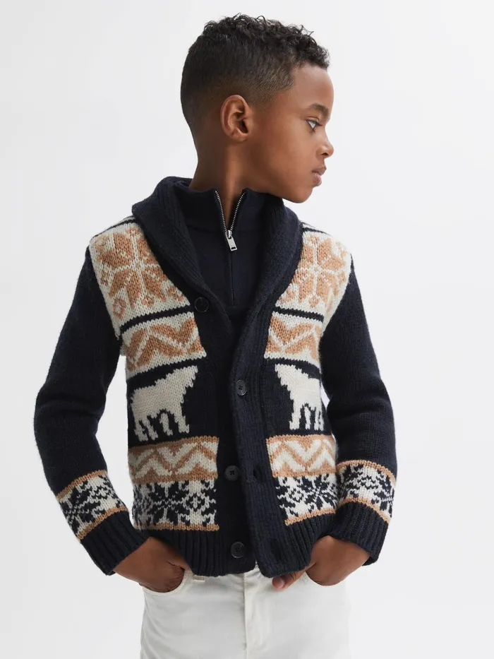 Children Reiss Knitwear Birch Knitted Fair Isle ButtonThrough Cardigan Navy Multi