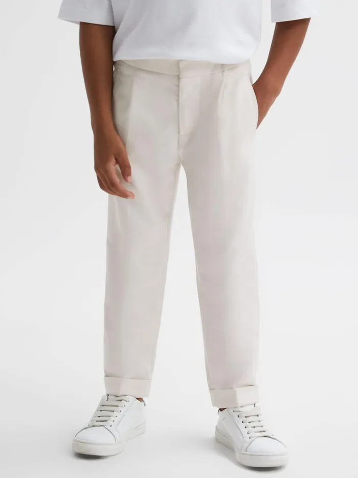 Children Reiss Pants Brighton Relaxed Elasticated Trousers With TurnUps Ecru