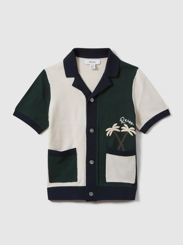 Children Reiss Shirts Ata Knitted Colourblock Cuban Collar Shirt Green Multi