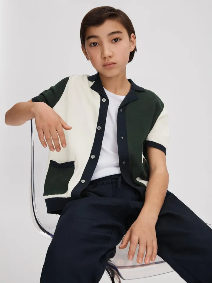 Children Reiss Shirts Ata Knitted Colourblock Cuban Collar Shirt Green Multi