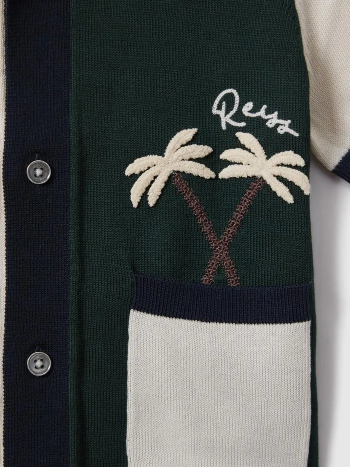 Children Reiss Shirts Ata Knitted Colourblock Cuban Collar Shirt Green Multi