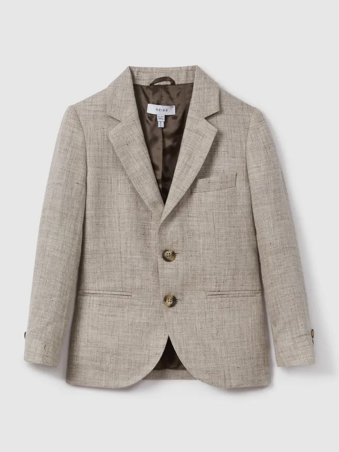 Children Reiss Suits and Tailoring Auto Single Breasted Textured Linen Blazer Oatmeal