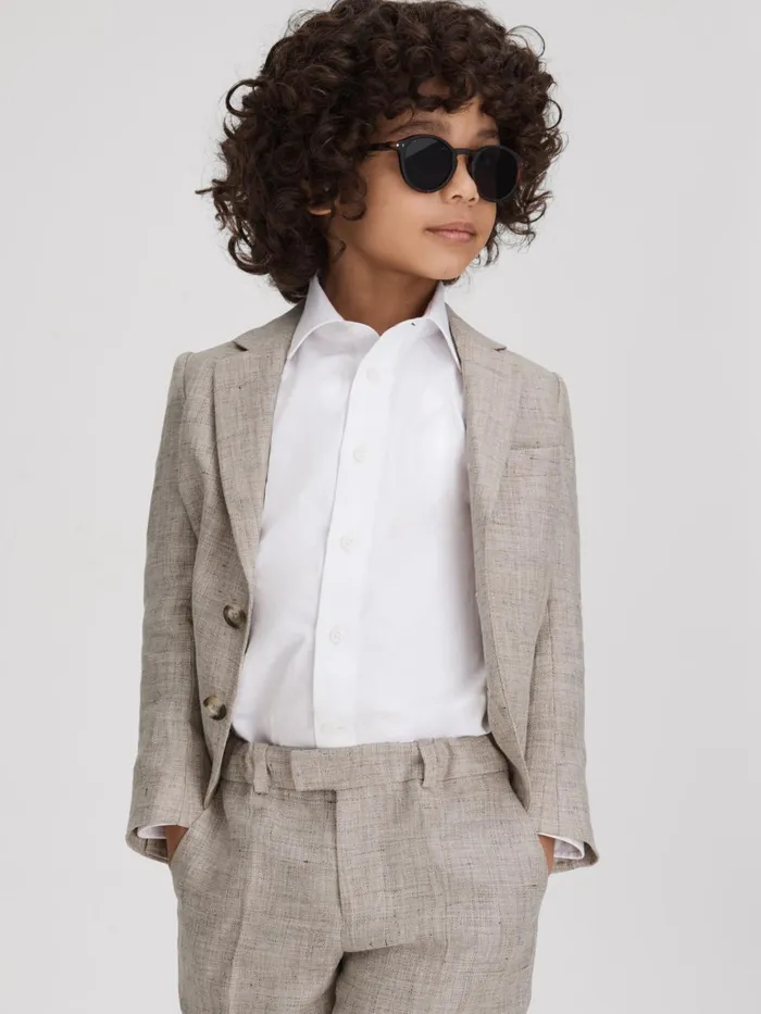 Children Reiss Suits and Tailoring Auto Single Breasted Textured Linen Blazer Oatmeal