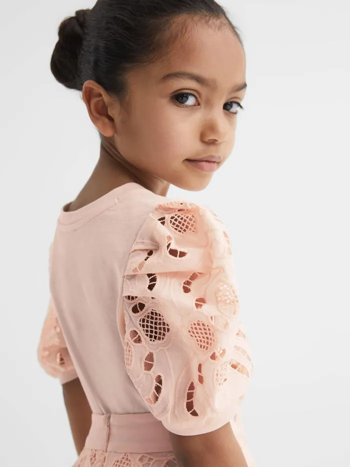 Children Reiss Tops and TShirts Alberta Floral Lace Puff Sleeve TShirt Pink