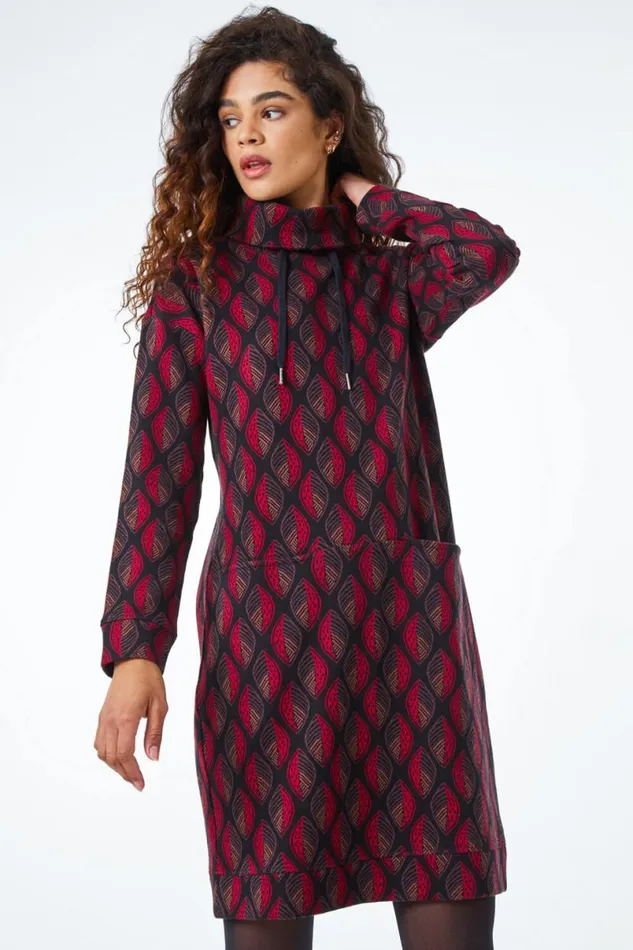 Chocolate Roll Neck Jacquard Leaf Cotton Dress Women Roman Dresses
