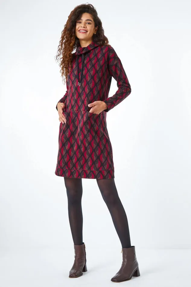 Chocolate Roll Neck Jacquard Leaf Cotton Dress Women Roman Dresses