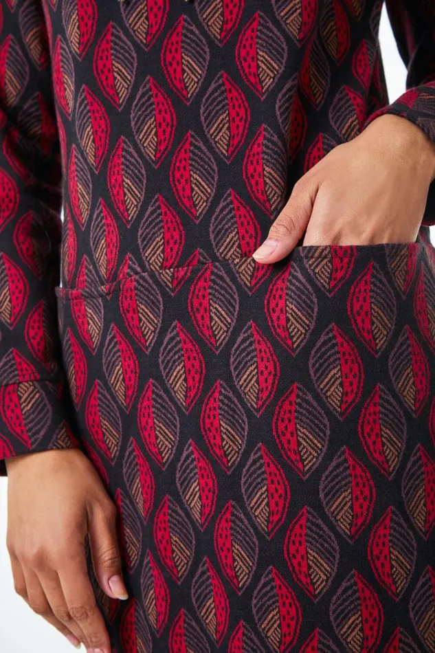 Chocolate Roll Neck Jacquard Leaf Cotton Dress Women Roman Dresses