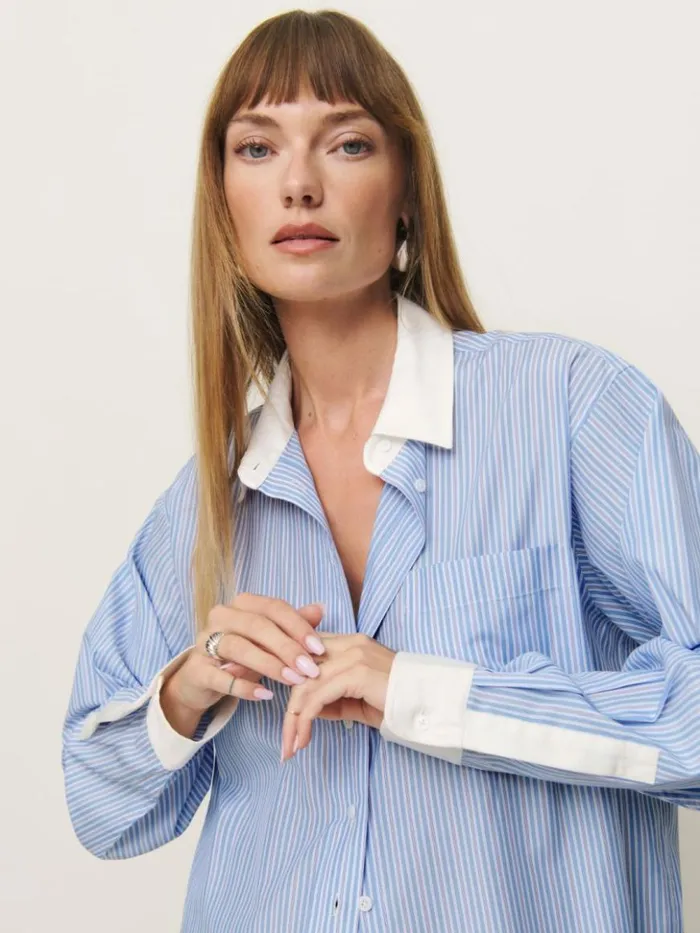 Clothing The Reformation Eli Oversized Shirt Blue Stripe