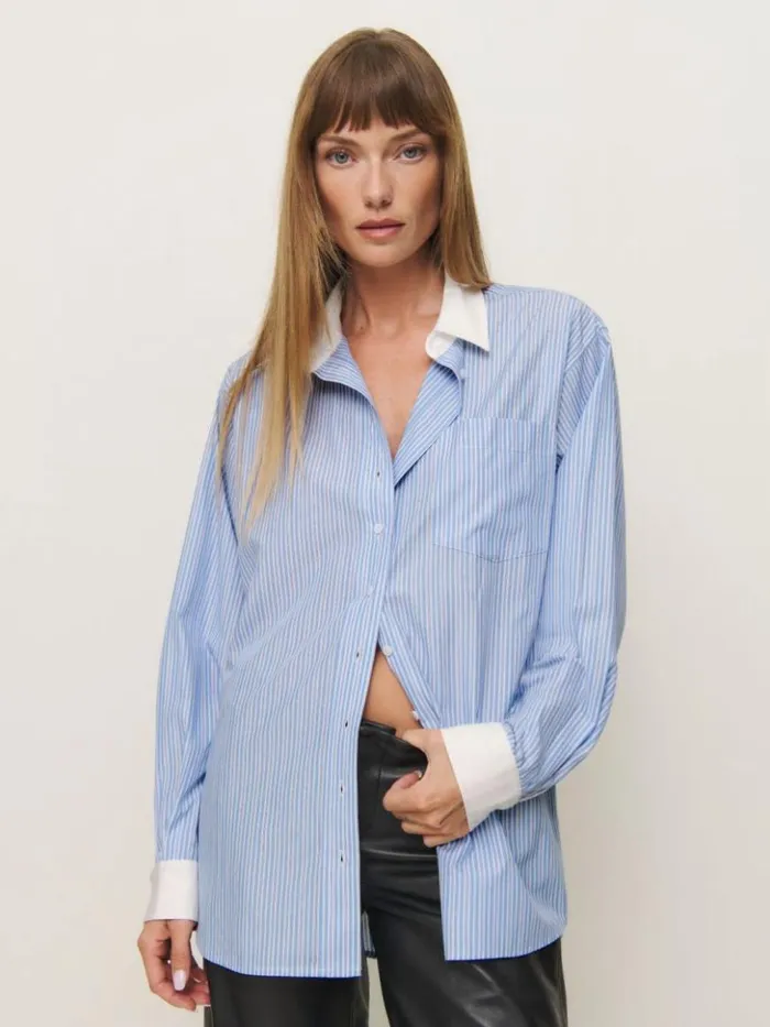 Clothing The Reformation Eli Oversized Shirt Blue Stripe