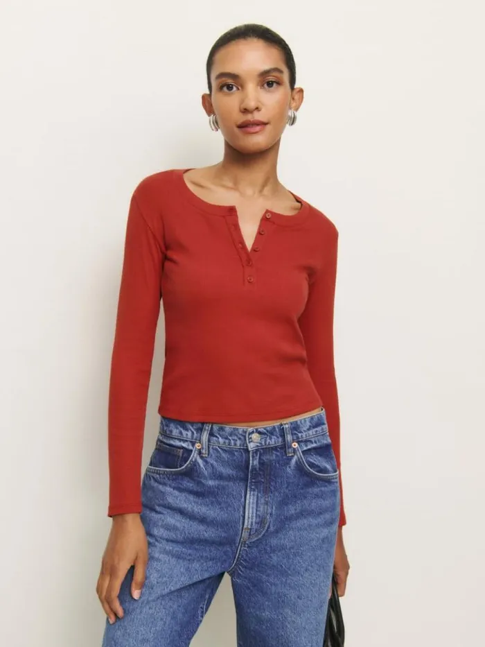 Clothing The Reformation Jayden Long Sleeve Henley Tee Sundried Tomato