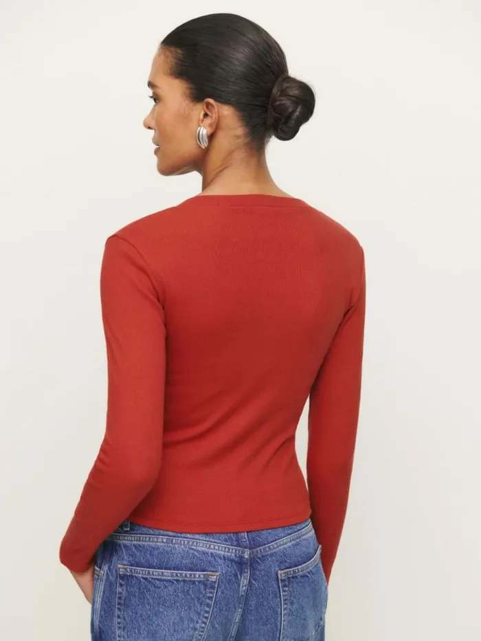 Clothing The Reformation Jayden Long Sleeve Henley Tee Sundried Tomato