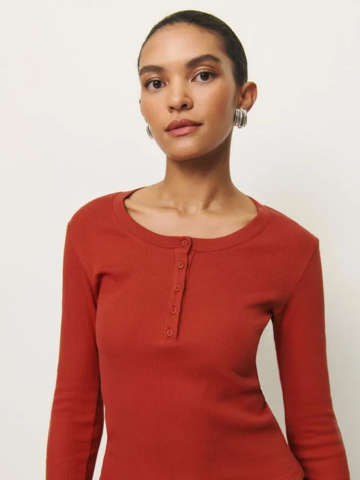 Clothing The Reformation Jayden Long Sleeve Henley Tee Sundried Tomato