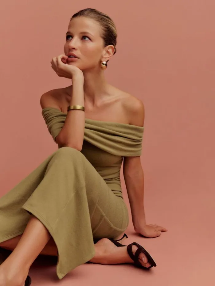 Clothing The Reformation Josefina Knit Dress Gold Coin