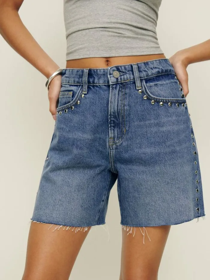 Clothing The Reformation Raye Mid Rise Relaxed 6034 Jean Shorts Chesapeake Studded