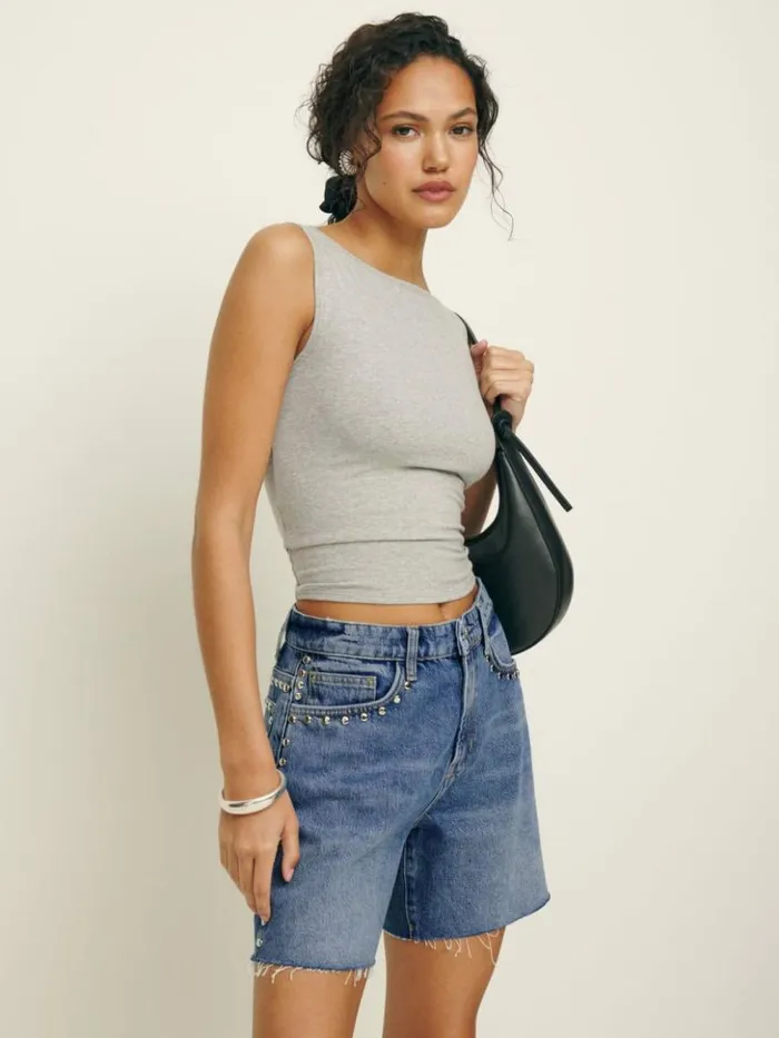 Clothing The Reformation Raye Mid Rise Relaxed 6034 Jean Shorts Chesapeake Studded