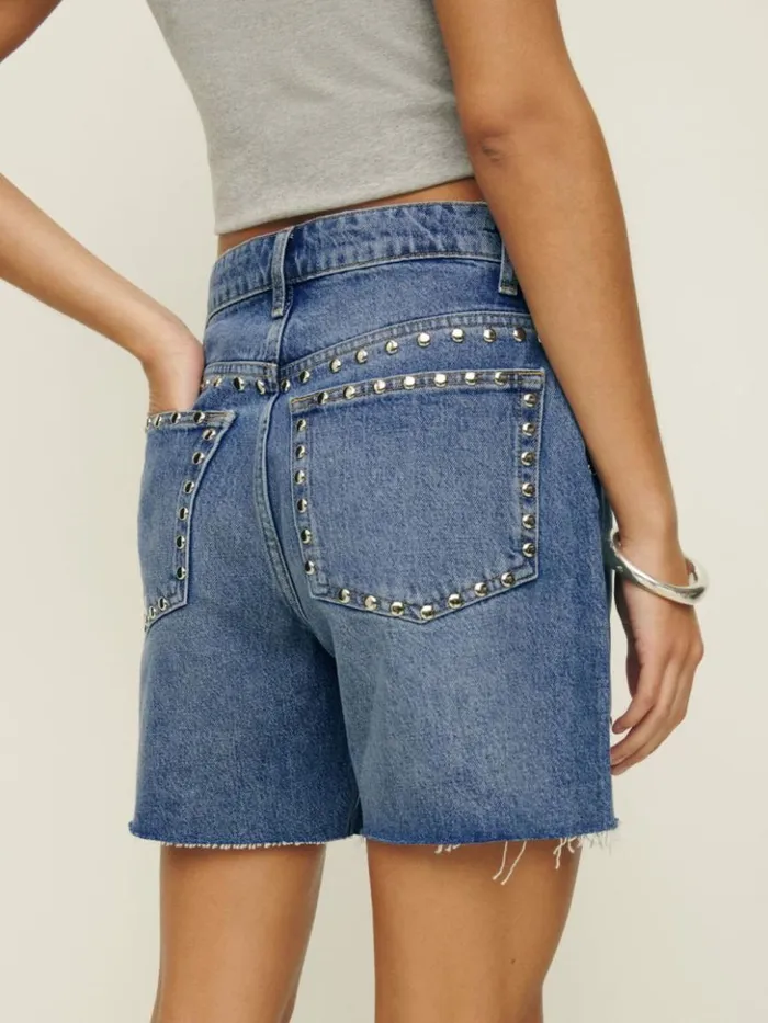 Clothing The Reformation Raye Mid Rise Relaxed 6034 Jean Shorts Chesapeake Studded