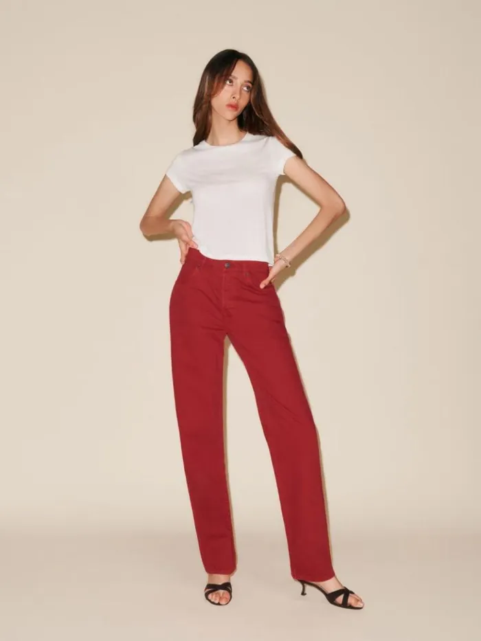 Clothing The Reformation The Magnolia Mid Rise Bow Jeans Lipstick