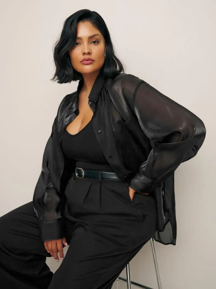 Clothing The Reformation Will Oversized Sheer Shirt Es Metallic Black