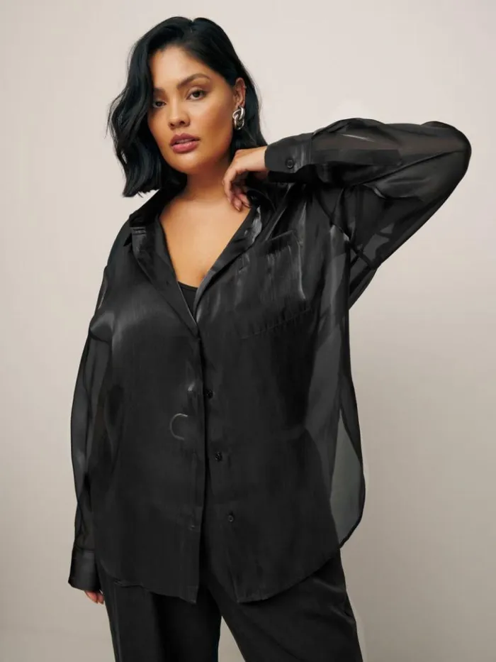 Clothing The Reformation Will Oversized Sheer Shirt Es Metallic Black