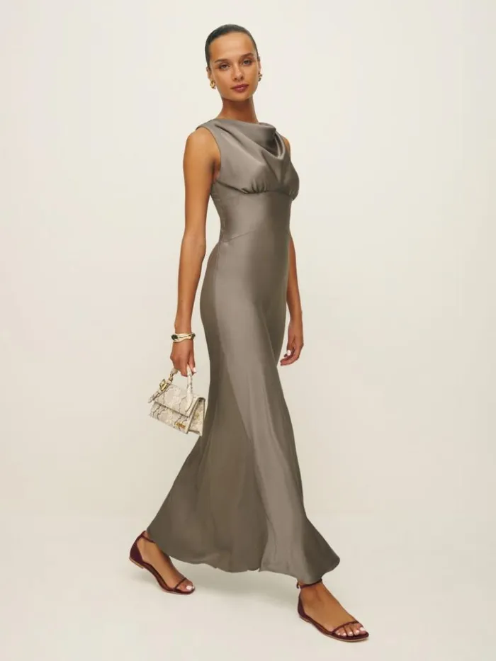 ClothingWeddings The Reformation Dessa Satin Dress Taupe