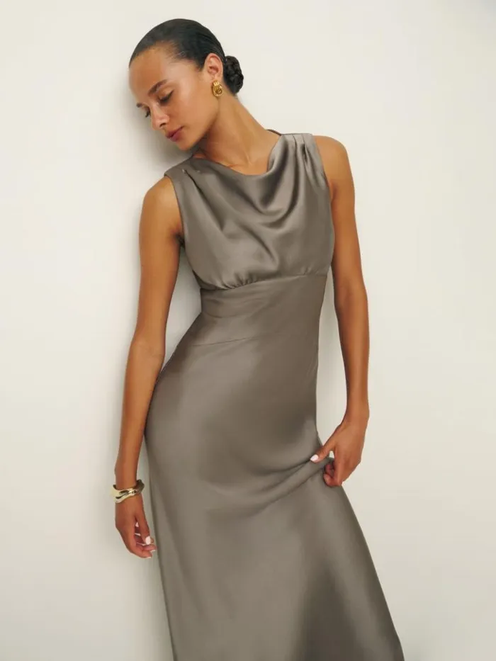ClothingWeddings The Reformation Dessa Satin Dress Taupe