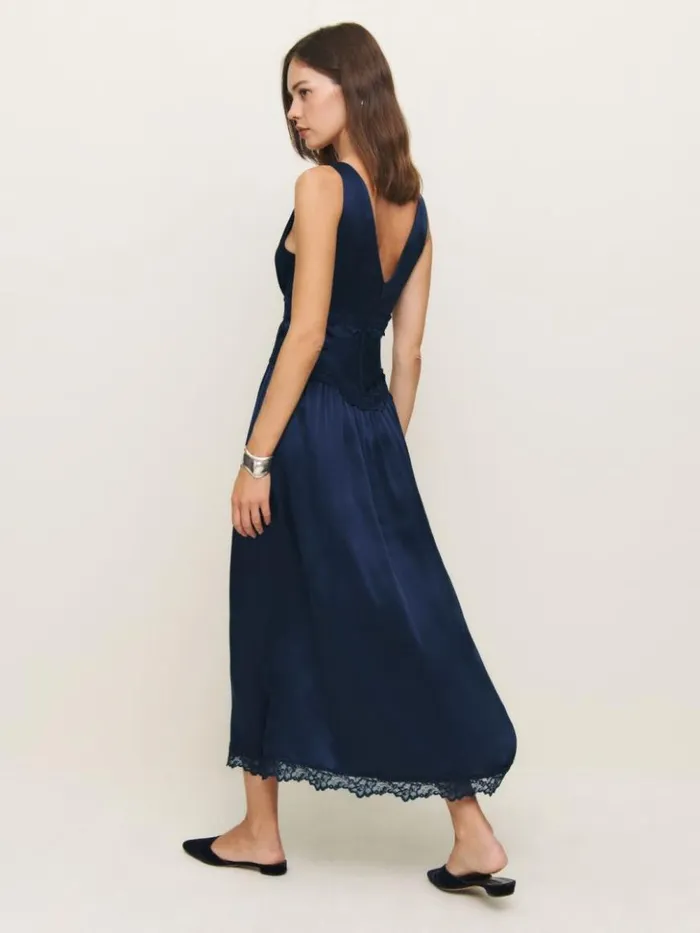 ClothingWeddings The Reformation Stasia Silk Dress Navy