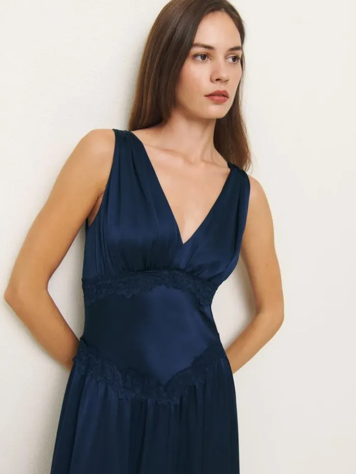 ClothingWeddings The Reformation Stasia Silk Dress Navy