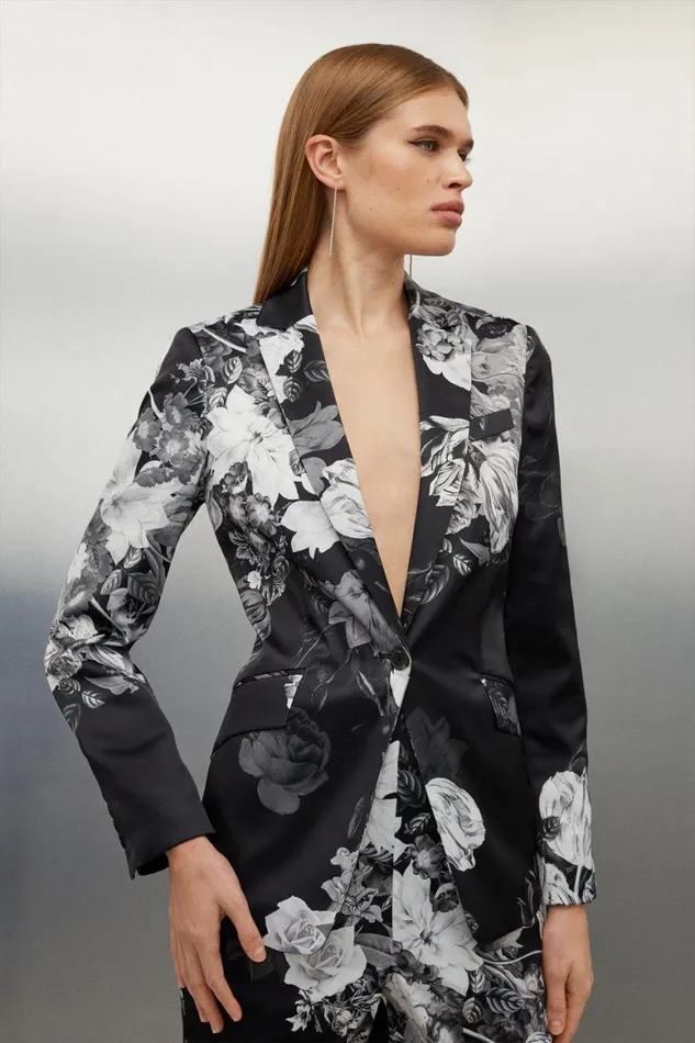 CoOrds Women Karen Millen Italian Structured Satin Floral Bloom Printed Blazer and Trouser Set Mono